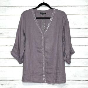 Charlie B Lilac Purple Linen Blouse Sequin Lace Embellished Size Large
